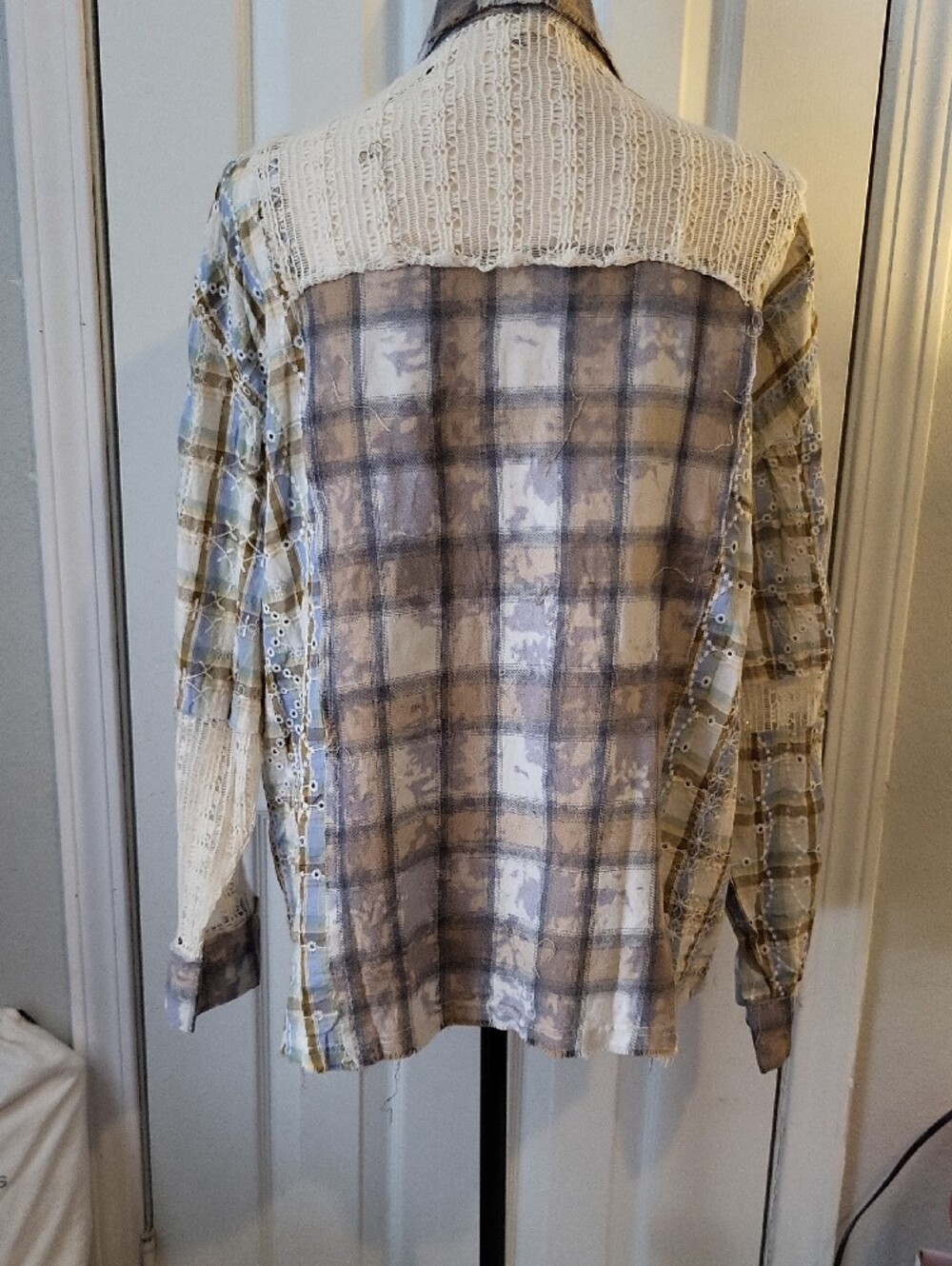POL Patchwork Plaid Button-Up Shirt in Beige and Gray - Picture 5 of 8